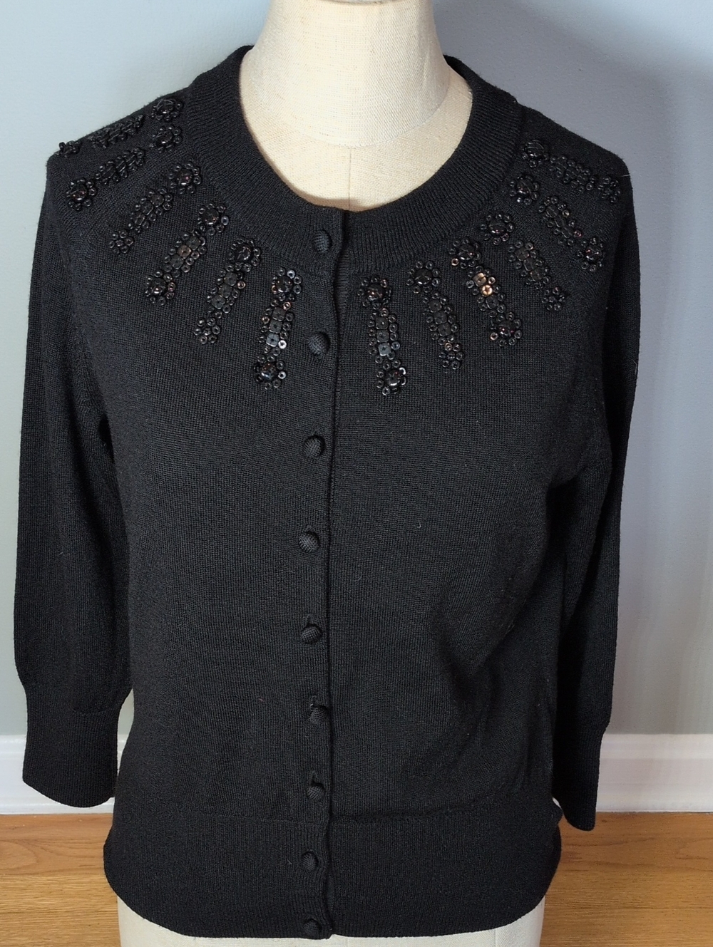 Banana Republic Black Sequin-Trimmed 100% Merino Wool Women’s Cardigan Large